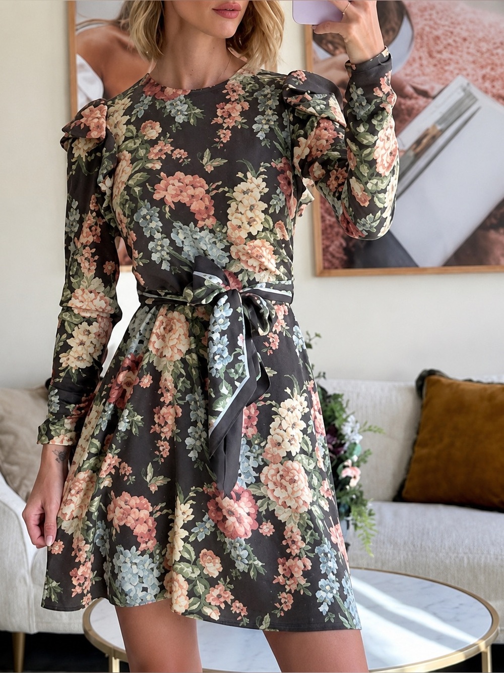Zimmermann Espionage Belted Brown Floral Ruffle Silk Mini Dress Size Large